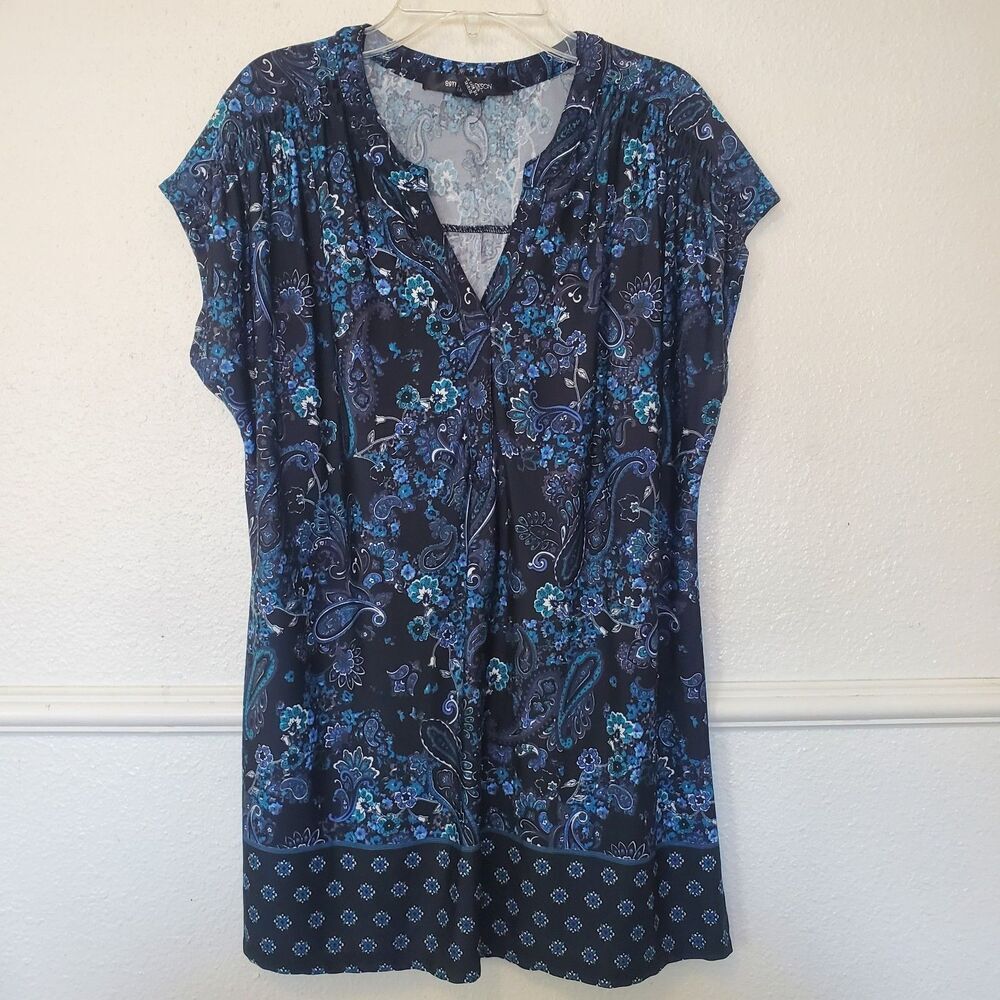 89th‎ and Madison Top Paisley Blouse Blue V Neck Womens Size L Polyester Spandex